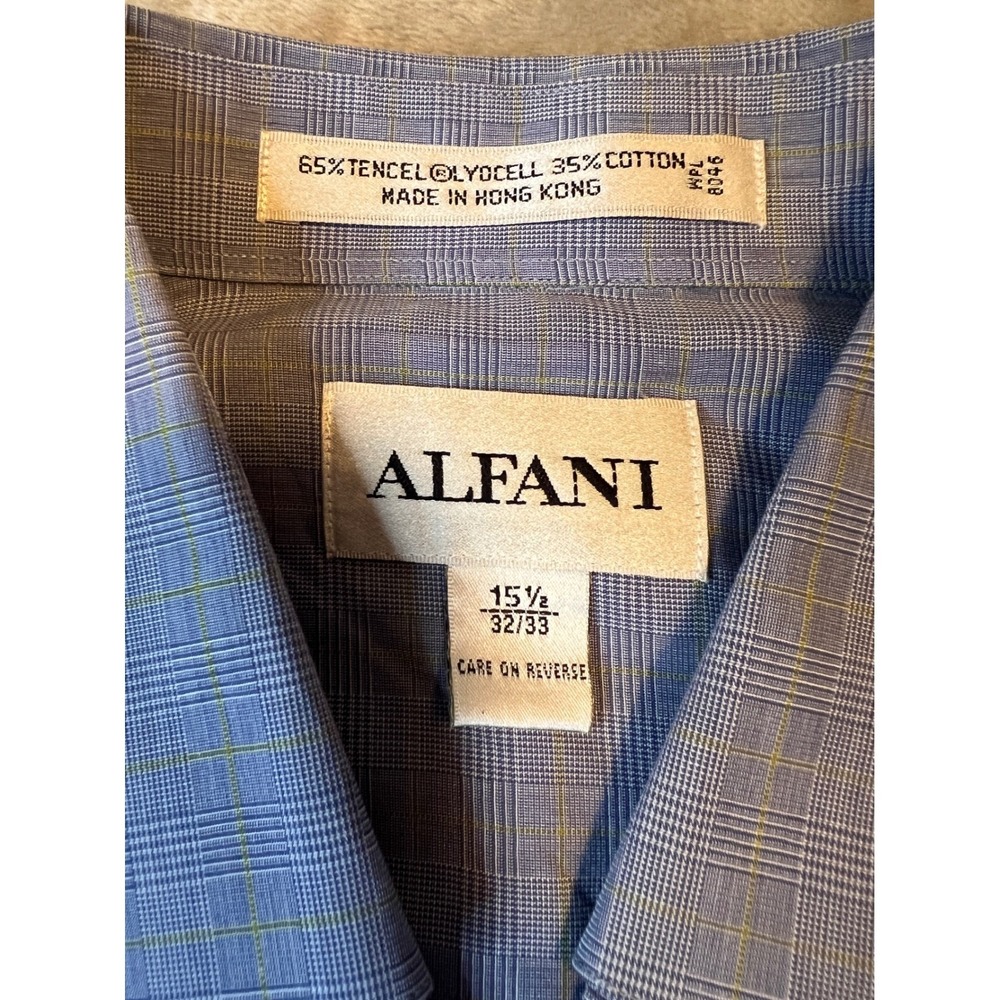 Alfani Shirt Mens 15.5 Blue Plaid Button Down Tencel Cotton 32/33 Long Sleeve - Picture 3 of 5